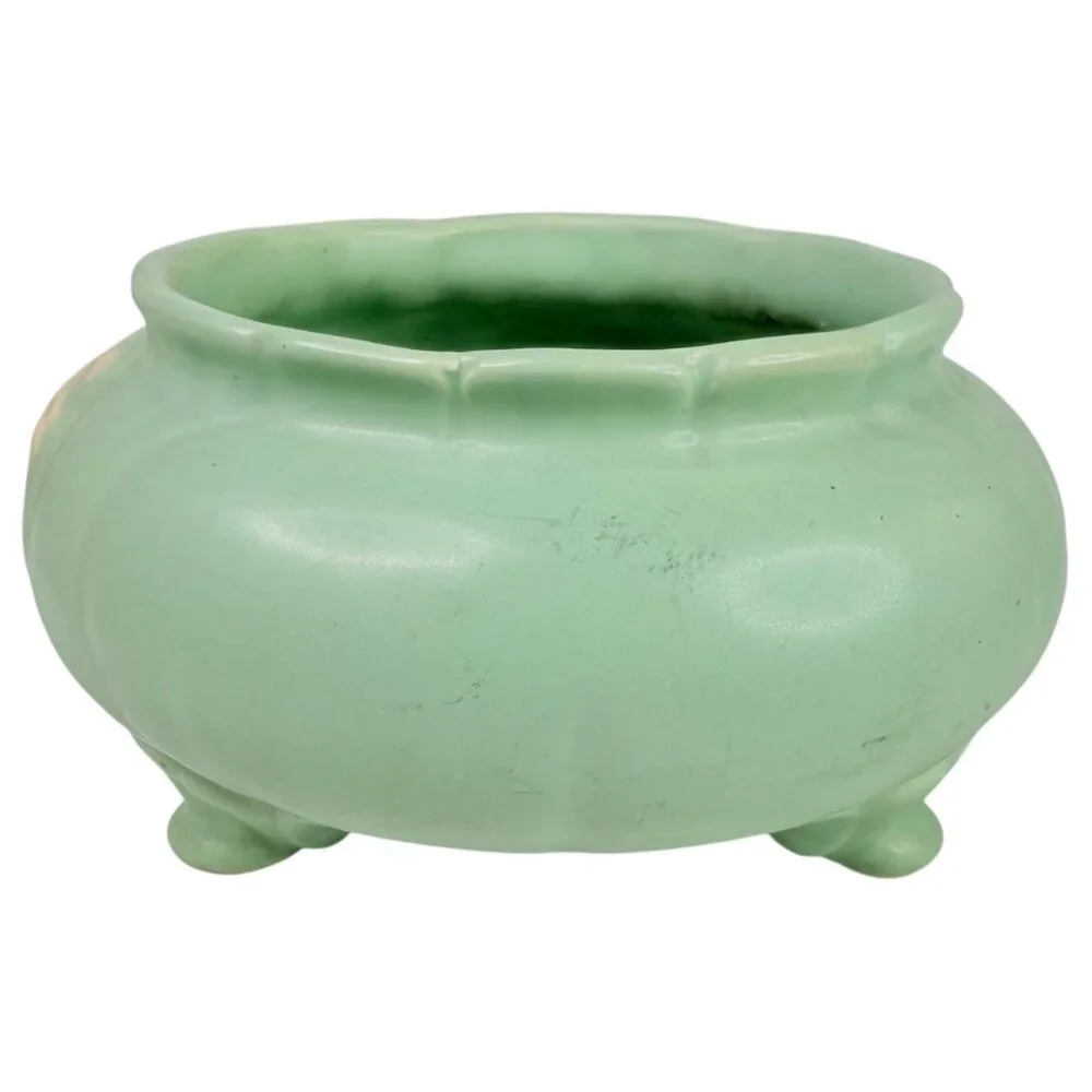 Vintage Weller Pottery Cameo Rose Green Bowl Planter Ceramic Footed White Floral - Picture 4 of 10